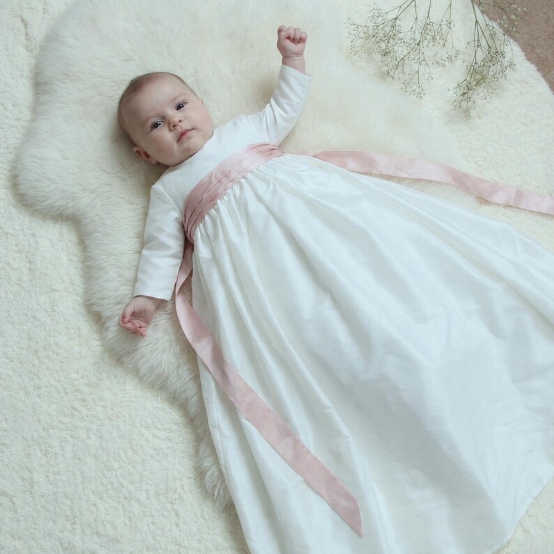 Handmade Unisex Silk Dupion Christening Gown - Long Sleeved Baptism Blessing Gown | Echo image 7