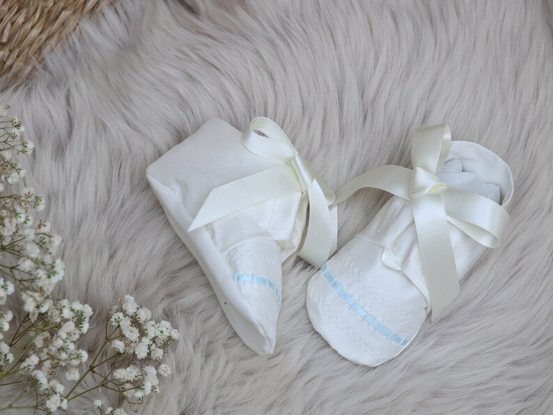 baby boys baptism booties made from silk with ribbon ties