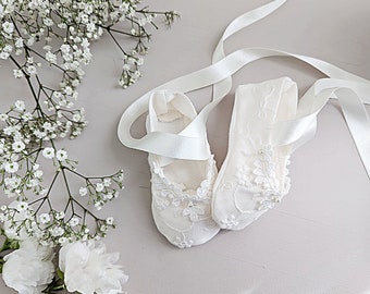 Baby Shoes - Christening Booties - Christening Shoes  | 'Ava' Silk and Lace Soft Soled Baby Baptism Booties by Adore Baby