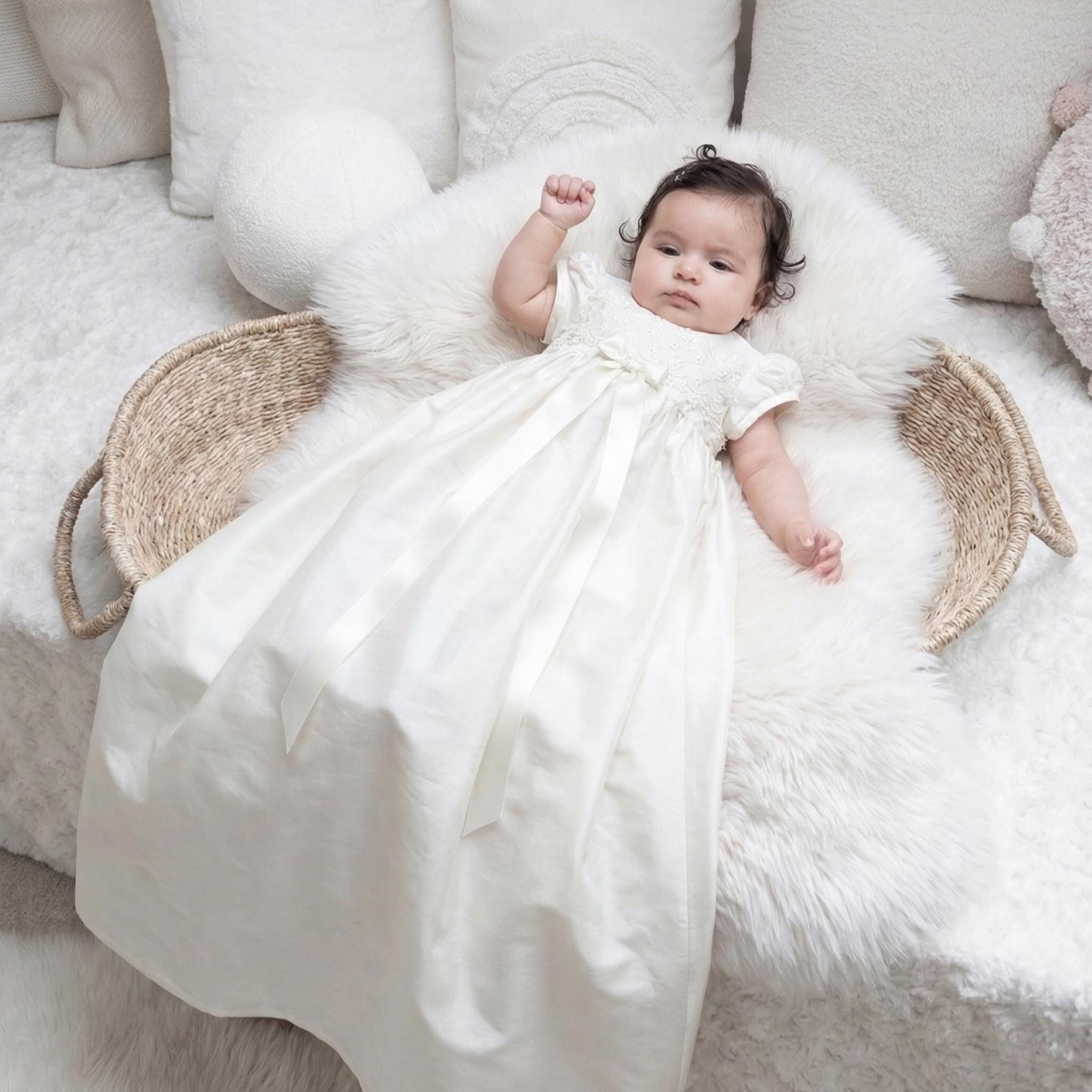 Baptism Gown for Baby Girls - Silk Dupion Christening Robe Lily