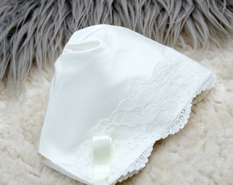 Baby Silk & Lace Ceremony Bonnet - Silk Christening Bonnet - 'Scarlett' Silk and Cotton Lace Baby Baptism Bonnet by Adore Baby