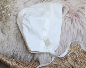 Unisex Christening Bonnet - Baby Baptism Bonnet - Christening Hat in Ivory or White - | 'Echo' Silk Baptism Bonnet by Adore Baby |