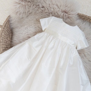 silk baptism gown for girls and boys. satin ribbon trim. christening gown by adore baby