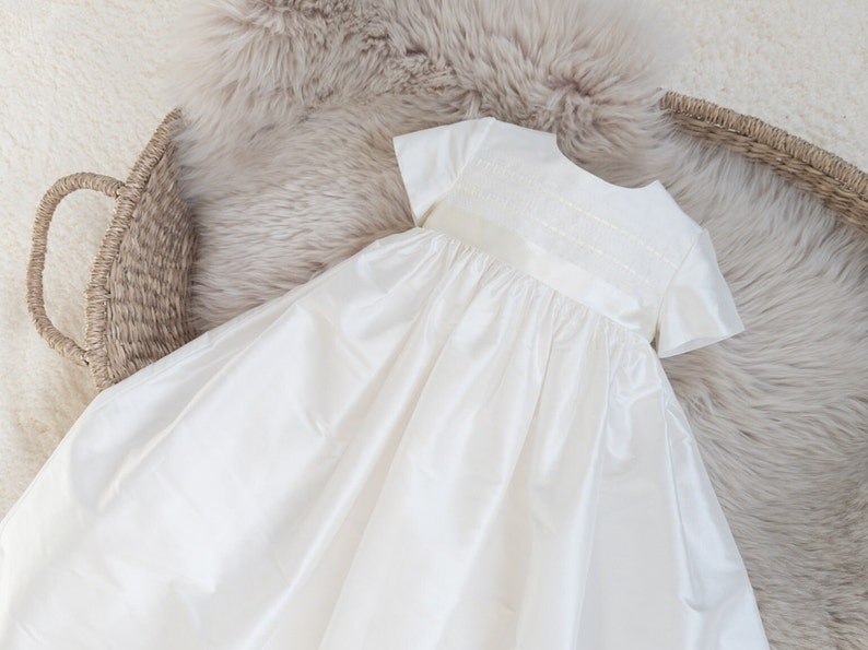 silk baptism gown for girls and boys. satin ribbon trim. christening gown by adore baby