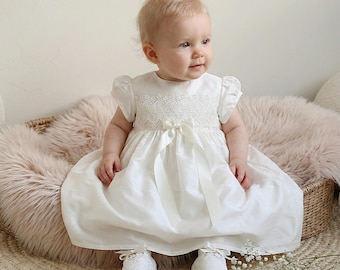 Handmade Silk Christening Dress: Baby Baptism Dress with Lace Trim | Lily