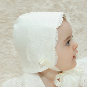 Christening Bonnet - Holly Duchesse Satin and Lace Baby Bonnet - Baptism Bonnet - Baby Bonnet - Blessing Bonnet - Girls Ivory Bonnet