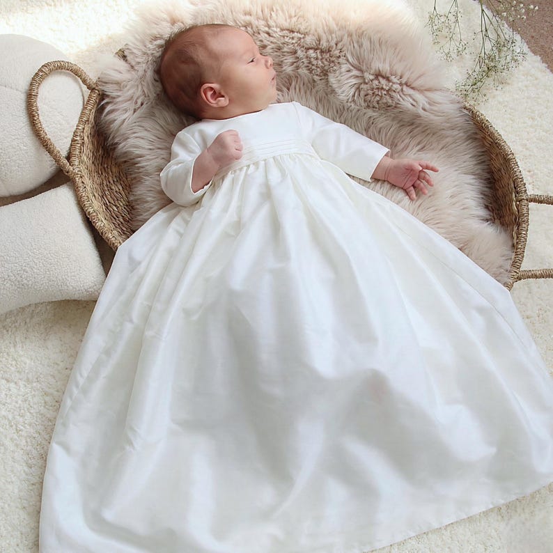 Handmade Unisex Silk Dupion Christening Gown - Long Sleeved Baptism Blessing Gown | Echo image 8