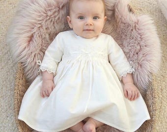 Ivory Silk Christening Dress: Handmade Lace Baptism Dress with 3/4 Length Sleeves || Kara