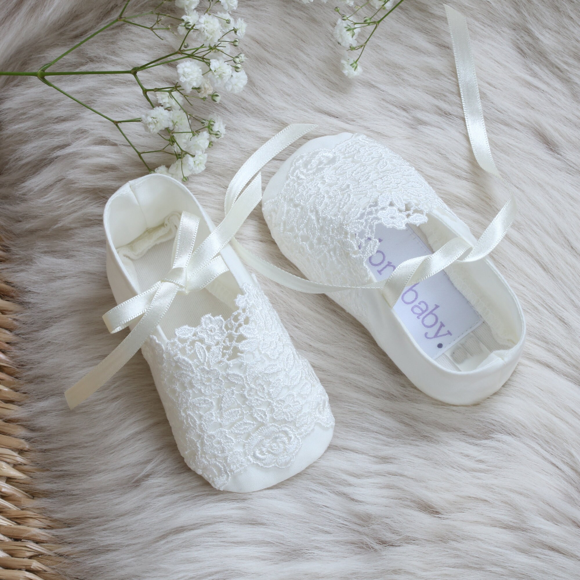 Cotton Christening Booties: Venice Lace Baby Baptism Shoes Ophelia
