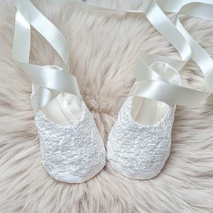 Lace Baby Ballet Slippers: Silk Christening Booties - Olivia