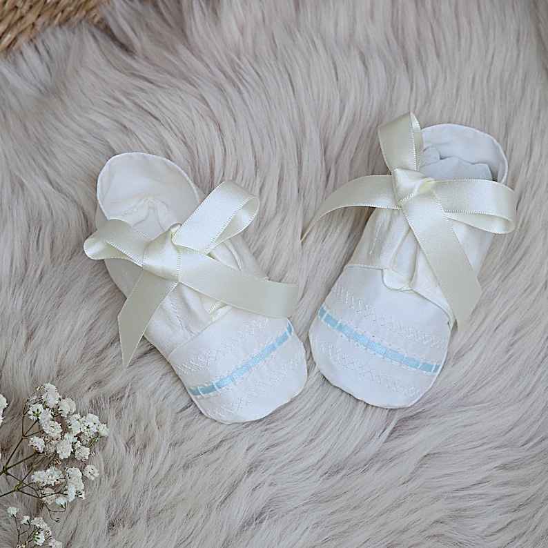Venice silk Christening booties by Adore Baby/Baptism shoes/Baptism booties/Boys Baptism shoes/Christening shoes/Baby booties/Baby shoes Ivory with blue