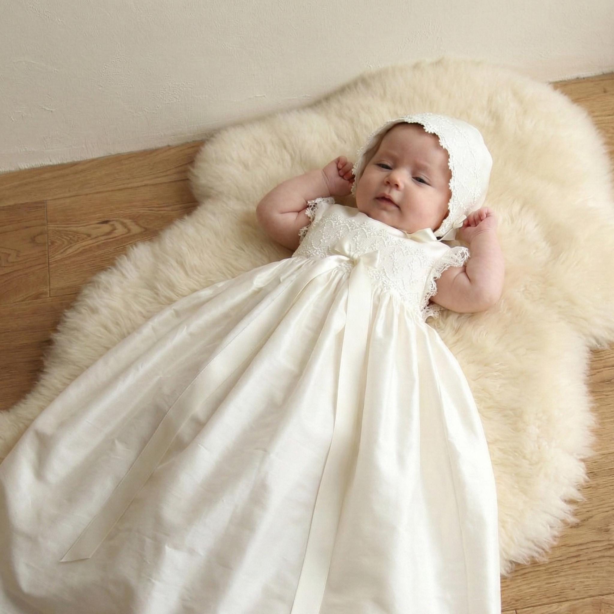 Frill Sleeve Baby Girl Baptism Gown - Silk Dupion & Lace Christening Robe Lucy