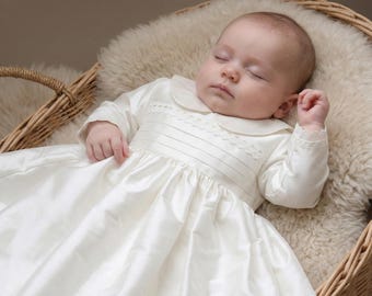 Handmade Silk Dupion Christening Gown: Baptism Gown with Venice Lace trim | Paris