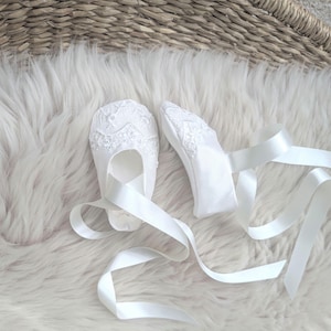 Handmade Silk Christening Booties - Venice Lace Baby Ballet Slippers - Lucy