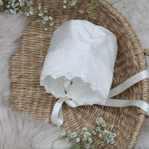 Christening Bonnet - Baptism Bonnet - Silk and Lace Bonnet - Blessing Bonnet  | Olivia Silk and Lace Baby Baptism Bonnet by Adore Baby |