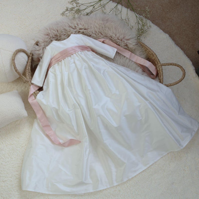 Handmade Unisex Silk Dupion Christening Gown - Long Sleeved Baptism Blessing Gown | Echo image 9