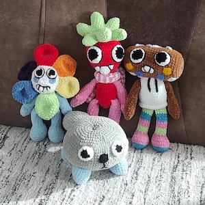 Dandy’s World 4-in-1 Crochet Pattern – Cute Toons Amigurumi PDF – Sendly Cosmo, Pebble, Dancifer Jr. – Digital Plushie Pattern Set by BNMByo