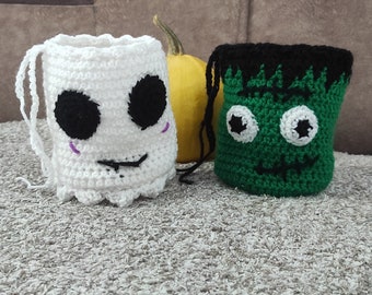 Halloween Crochet Treat Bag Pattern, Frankenstein, Spooky Ghost (PDF Pattern)