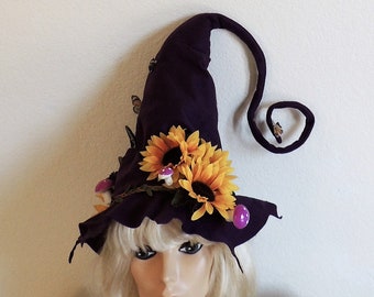 Felt Witch Hat Spring Forrest  Sunflowers Mushrooms and Butterflies, Costume, Wiccan, Purple.