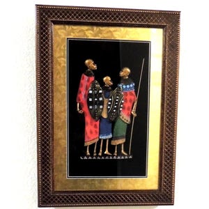 1980's African Tribal Shadow Box, Zulu Warriors, matted and Framed.
