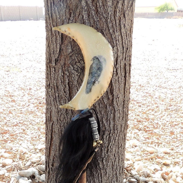 Spirit Animal, Raven Medicine Rattle, Shamanic Crescent Moon Rattle, Wiccan, Goat Rawhide Real Mongolian Sheep Fur.