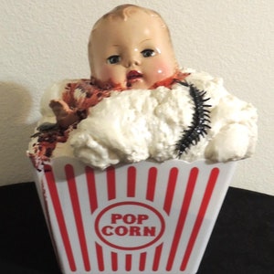 Halloween Creepy Doll Head Popcorn Bucket, Blood and Bugs.