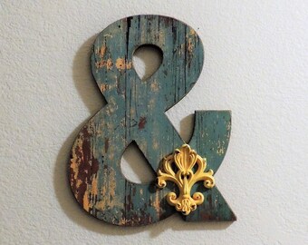 Wooden Ampersand Sign, Shabby Chic, Wall hanging / Decor, Fleur De Lis Symbol with Barn Wood Appearance, Room Accent Piece.