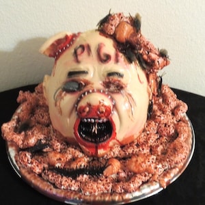Severed Pig Man Head on a Platter Halloween Prop, Blood and Gore.