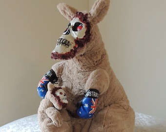 Handmade Creepy Boxing Plush Kangaroo Mom with Creepy Baby Joey 24" Large Klappar Kanguru.