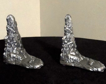 1990's Arthur Court Signed Book Ends in Silver high-quality aluminum with Jungle Animals, Hippo in Waterfall.