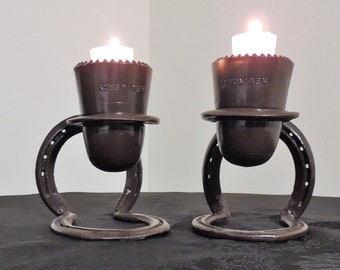 Vintage 80's Handmade Western Horseshoe Candleholders with Hemingray glass Insulator Holders.