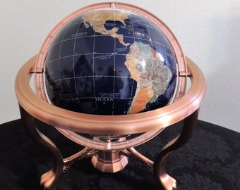 Genuine Multi-Gemstone Desktop Globe Gold Tone Base Turquoise Globe Free S&H 
