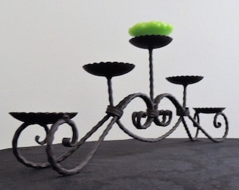 Vintage Large Wrought Iron, Cast Iron Candle Holder in Rustic Brown, with Clamshell Holders.