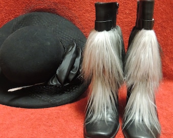 Woman's size 5 1/2 Boho Black Leather boots with custom faux Mohair fur in Black and Silver with zippers and buckles.