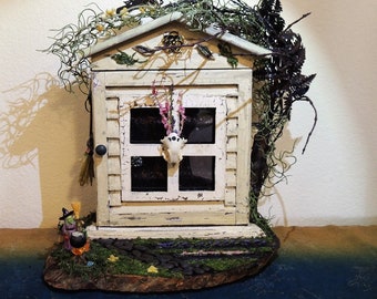 Green Witch Apothecary Cabinet, Herb, Crystal, Oil Cabinet with Witch&#39;s Garden, Tree and Skull.