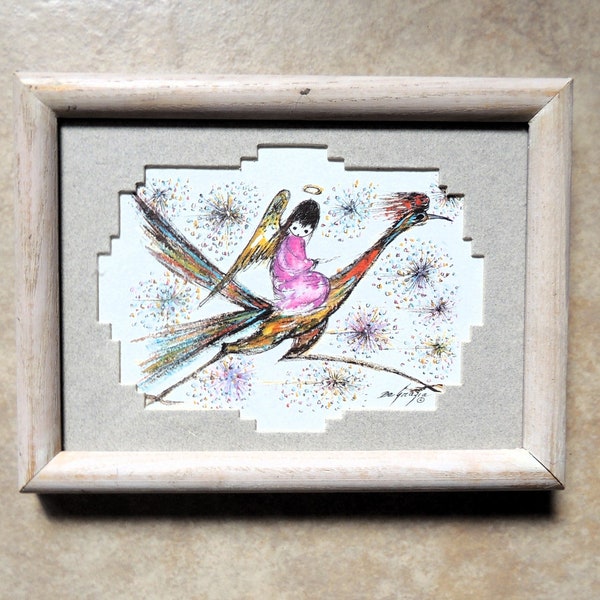 Ted DeGrazia, Angel on Roadrunner, Watercolor Framed  8" x 6".