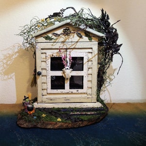 Green Witch Apothecary Cabinet, Herb, Crystal, Oil Cabinet with Witch&#39;s Garden, Tree and Skull.