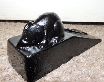 Vintage Cast Iron Mouse On Cheese Door Stop, Mid Century, black.