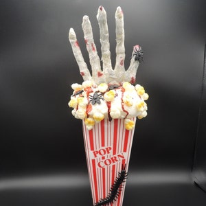Bloody Mummy&#39;s Hand Faux Movie Theater Popcorn Halloween Display.