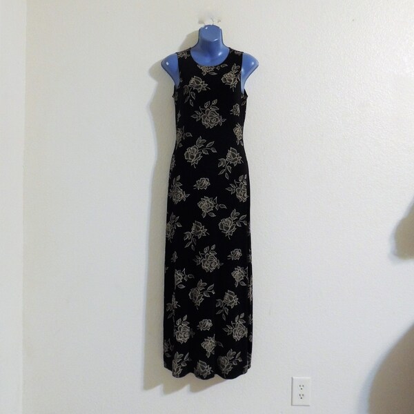 Vintage 1990's Black Slinky Maxi Tank Dress in Black with Beige Floral Print, Sleeveless Long Gown.