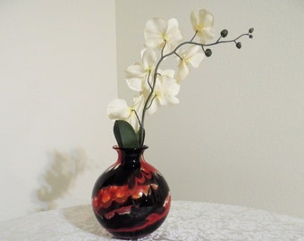 Hand Blown Fenicio Style Vase in Black, Orange and Red, with Clear Glass.