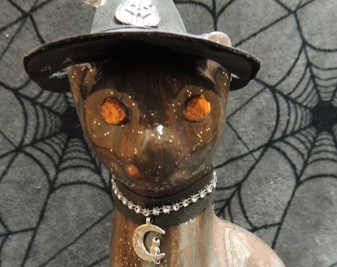 Witches Cat, Ceramic Cat, Custom Leather Witch Hat With Pumpkin Charm