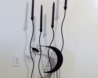 Vintage 1980&#39;s 3 Foot Tall All Metal Halloween Candelabra with Moon and Spider.