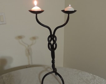 Tall Wrought Iron Double Candle Holder with a Twisted Knot.