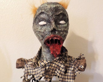 REDUCED! Life Size Creepy Zombie Bust Halloween Prop Attached to Vintage Iron Stand.