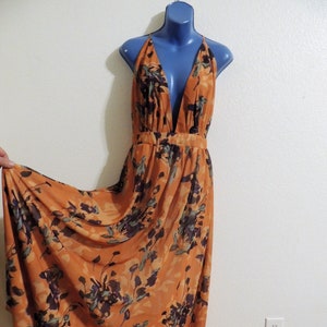 Vintage 1960's Ossie Clark Style Halter Dress with Spaghetti Straps and Orange Celia Birtwell Floral Print.