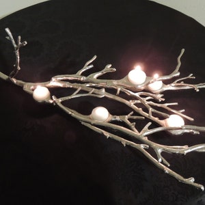 Puede incluir: Un candelabro plateado en forma de rama con seis velas blancas. Las velas est&aacute;n encendidas, emitiendo un brillo c&aacute;lido. El soporte es de metal y se encuentra sobre una superficie negra. El dise&ntilde;o se asemeja a una rama de &aacute;rbol natural.