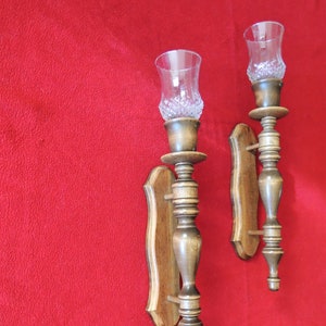 Wood Mid 1970s Colonial Candle Sconces With Glass Shades.