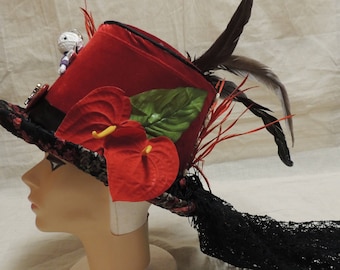 Unique / Wiccan / Gothic Black and Red Voo Doo Doll / Velvet, leather and lace, love Potion #9 Top Hat