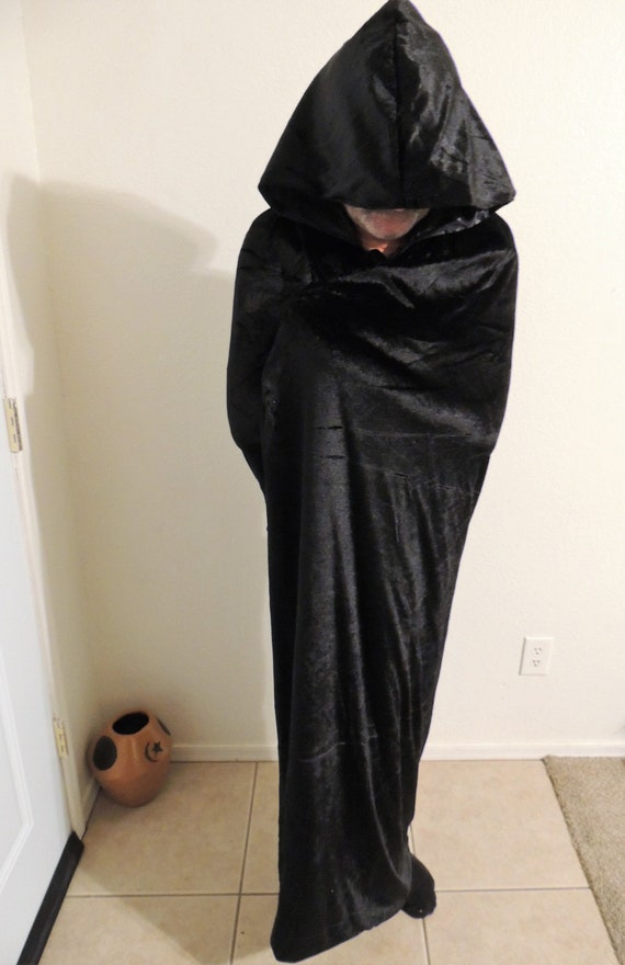 Hooded Black Cloak, Crushed Panne Velvet, Satin L… - image 7